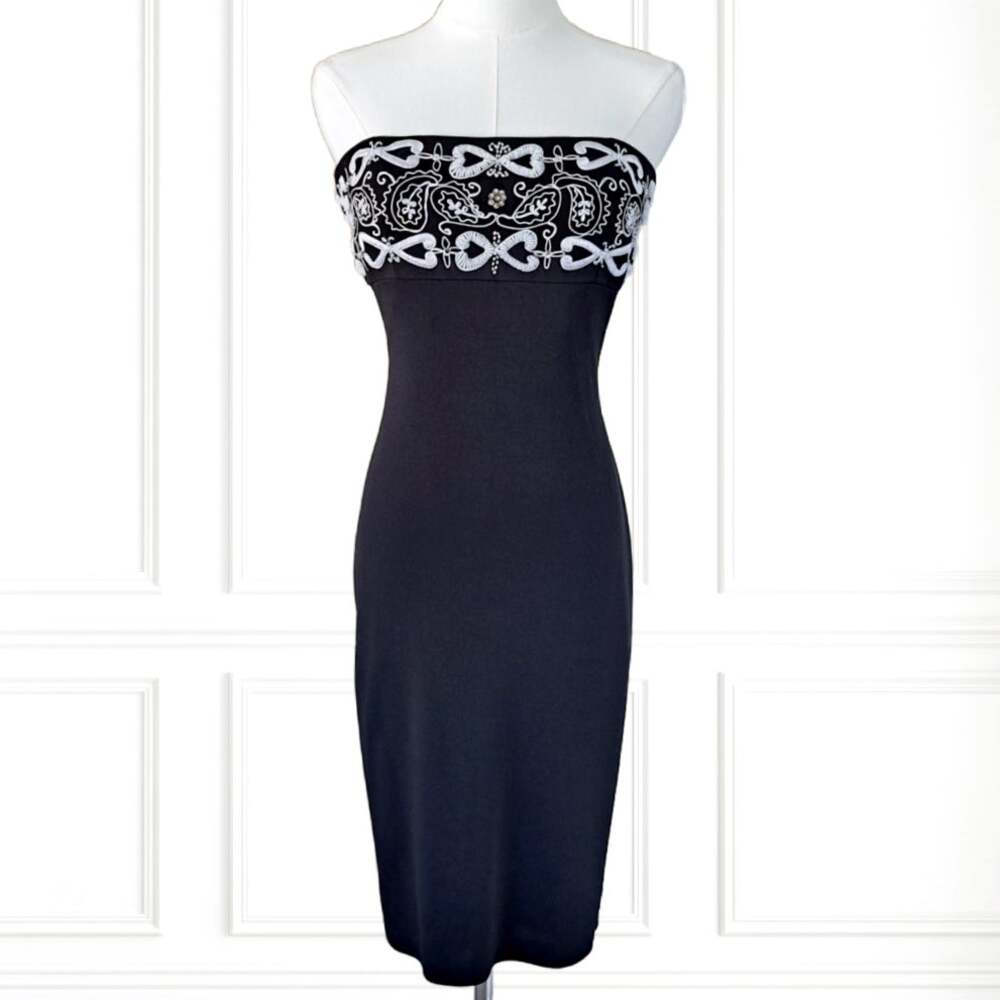 Vintage Y2K CACHE Black Strapless Beaded Sheath Dress Size 6 Party Bodycon